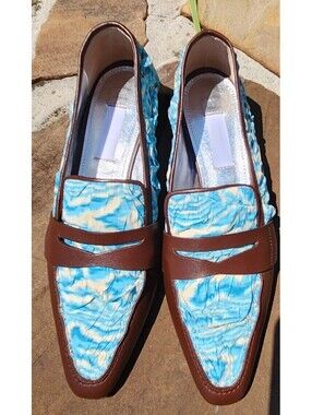 Suzanne Rae Aqua Plisse Ruffle Pointed Loafers NWOB Blue Cream US 7